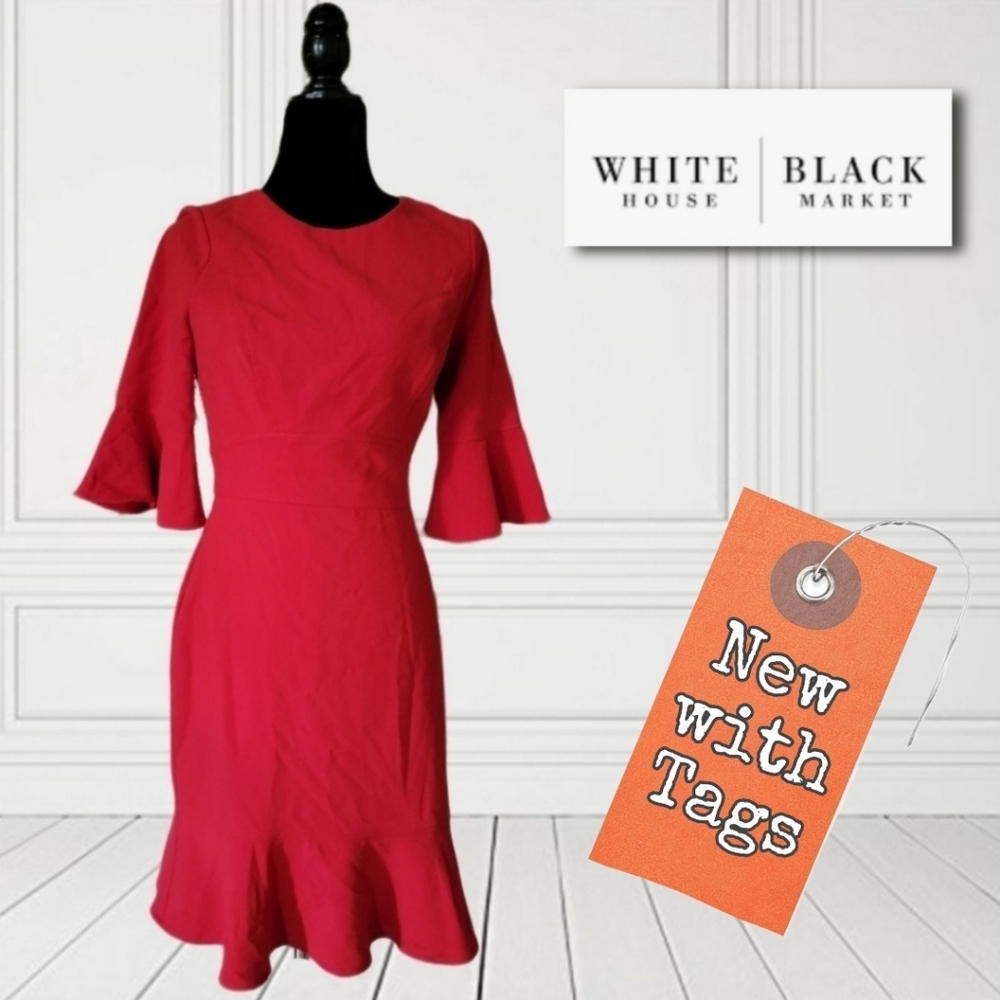 NWT/ White House Black Market Roman Red Three-Quarter FlareSleeve Dres
